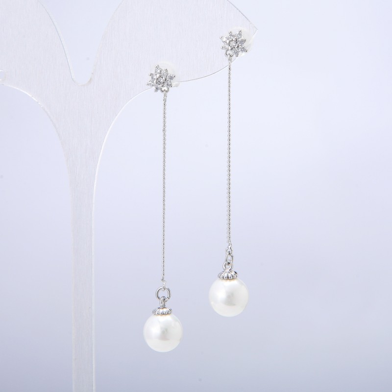 Xuping Stud Earrings, Rhodium with White Bead and White Rhinestones, Diameter 8.8mm +/-, Length 60mm +