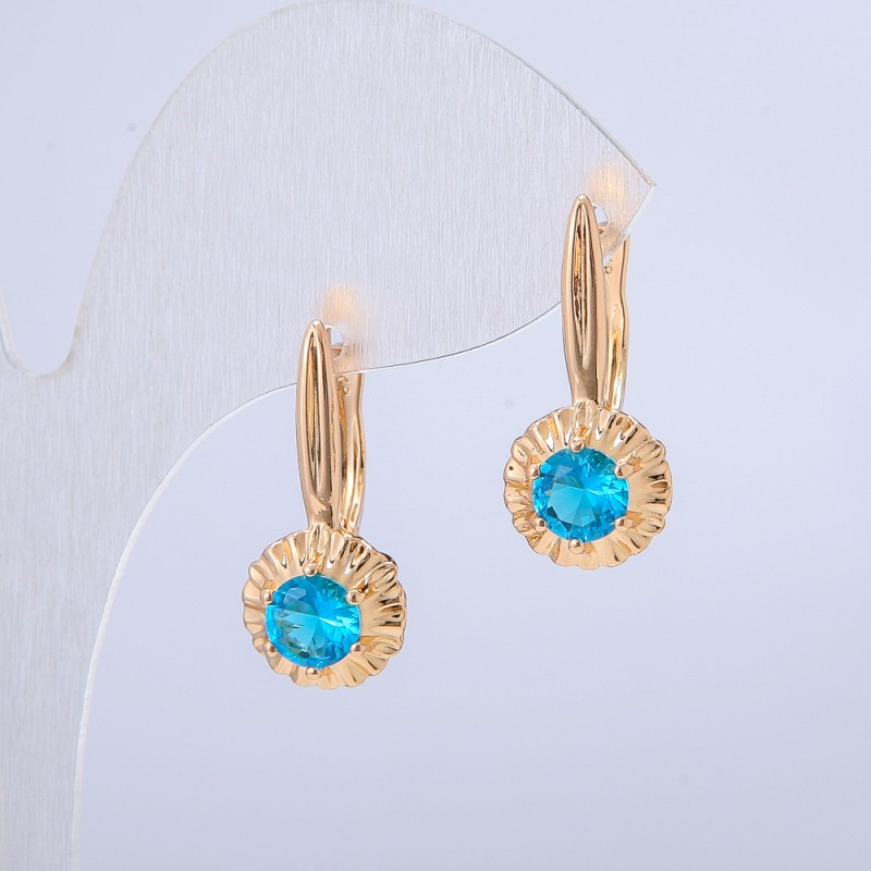 Xuping Earrings, 18K Gold Plated, with Blue Crystal, diameter 10.5mm +/-, length 24mm+