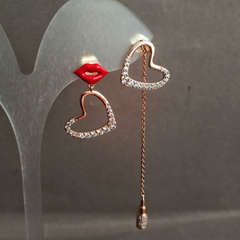 Xuping Earrings, 18K Gold Plating with White Rhinestones and Red Enamel, Diameter 15mm +/-, Length 66mm +