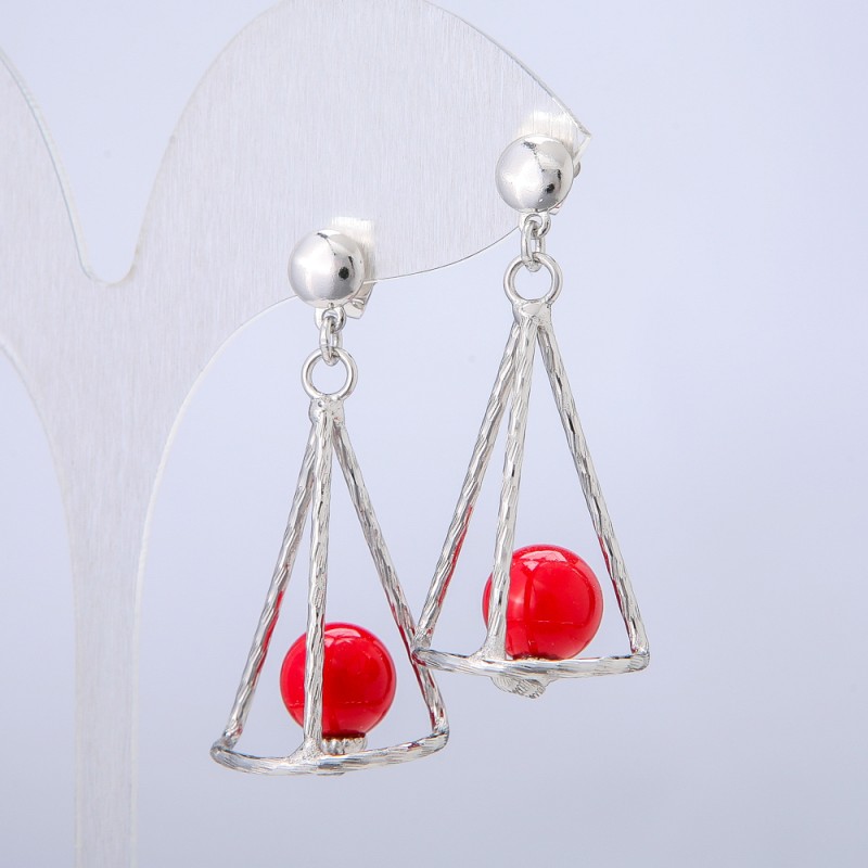 Xuping Stud Earrings with Rhodium Plating and Red Bead, diameter 42x20mm+