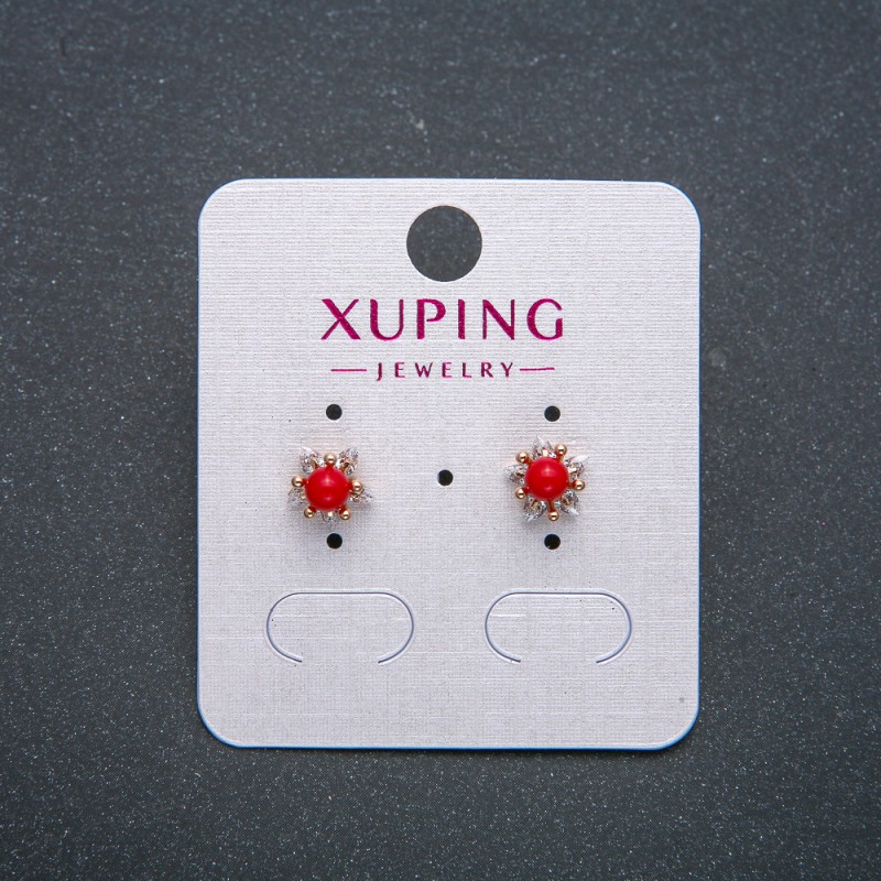 Xuping Stud Earrings, 18K Gold Plated, with Red Bead and White Rhinestones, diameter 8mm+