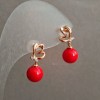 Xuping Stud Earrings, 18K Gold Plating with Red Bead and White Rhinestones, Diameter 19x8mm +