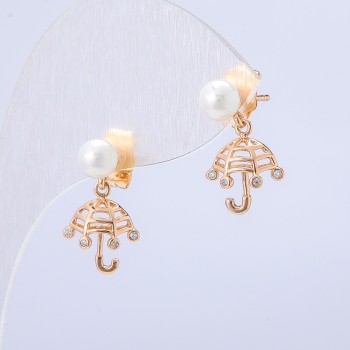Xuping "Umbrella" Stud Earrings, 18K Gold Plated with White Rhinestones and Bead, 18x10mm Diameter +