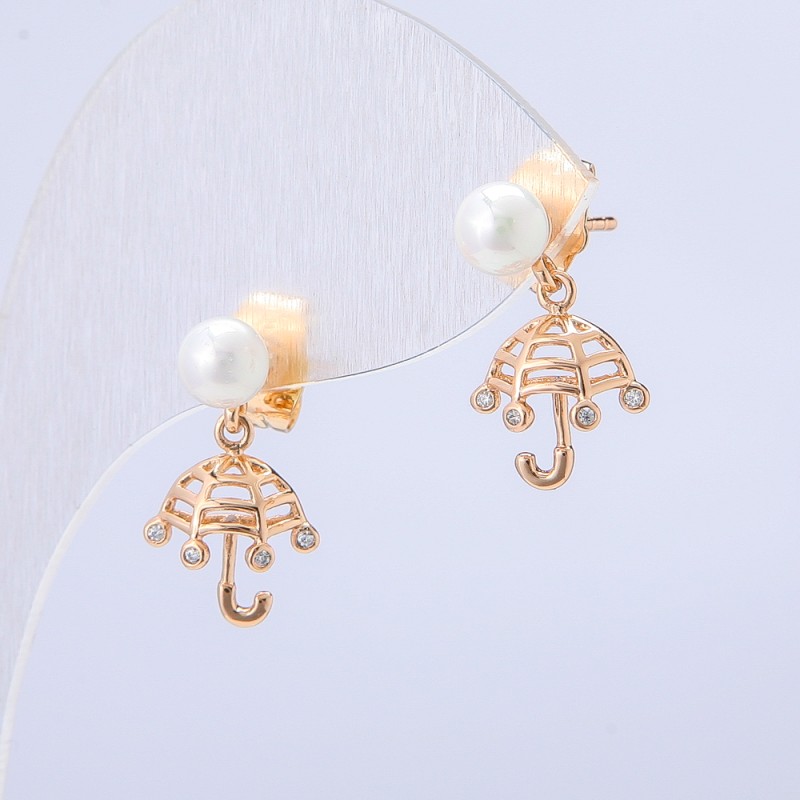 Xuping "Umbrella" Stud Earrings, 18K Gold Plated with White Rhinestones and Bead, 18x10mm Diameter +
