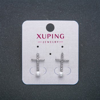 Xuping "Cross" Stud Earrings, Rhodium-Plated with White Rhinestones and Bead, 18x10mm Diameter +