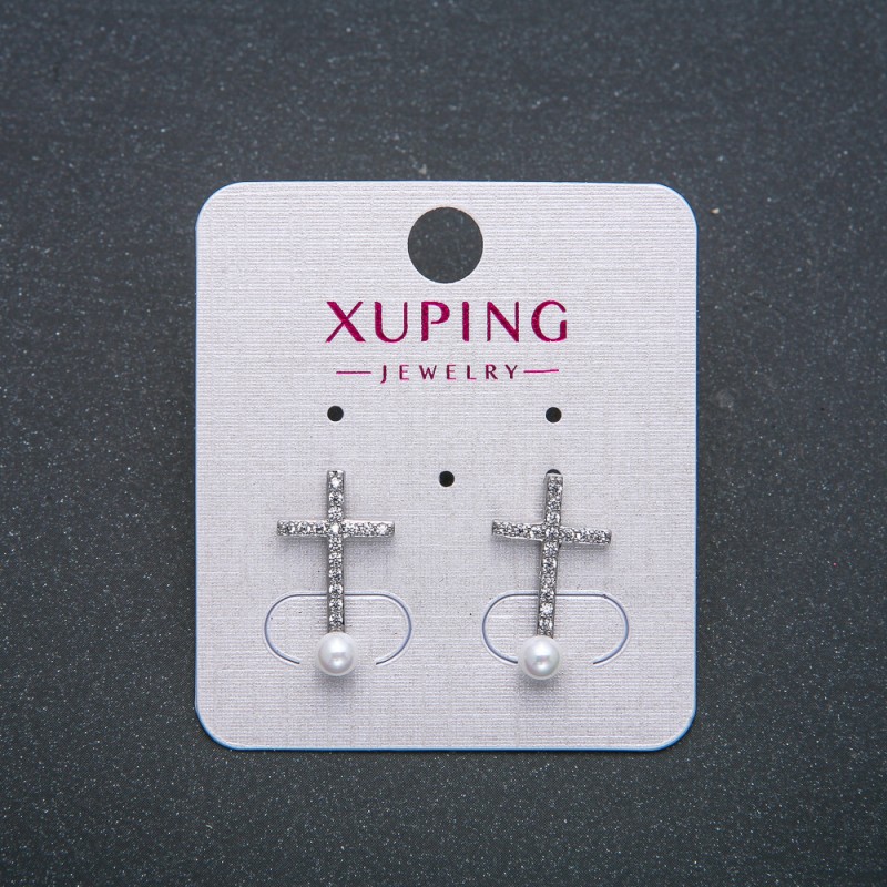 Xuping "Cross" Stud Earrings, Rhodium-Plated with White Rhinestones and Bead, 18x10mm Diameter +