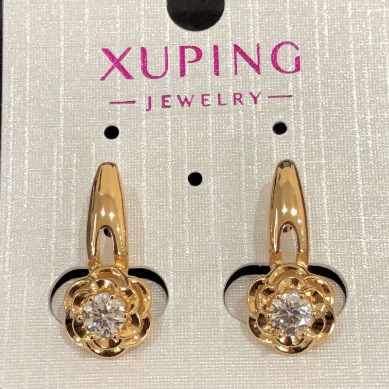 Xuping Earrings, 18K Gold Plated with White Crystal, 22x10mm Diameter +