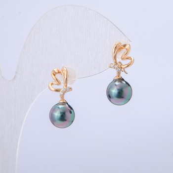 Xuping Earrings, 18K Gold Plated with White Rhinestones and Black Petrol-Tone Bead, 19x8mm Diameter +