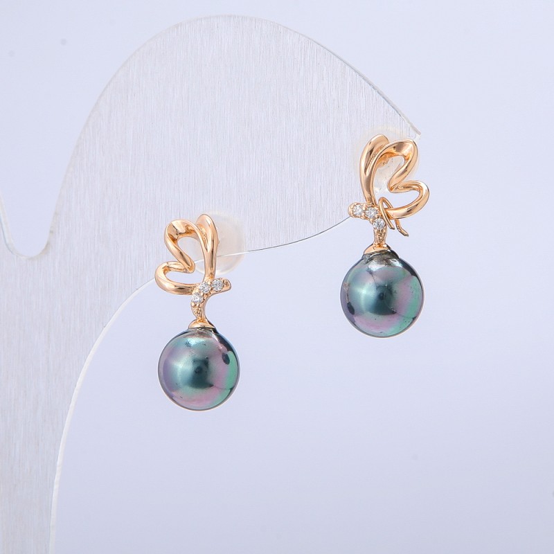 Xuping Earrings, 18K Gold Plated with White Rhinestones and Black Petrol-Tone Bead, 19x8mm Diameter +