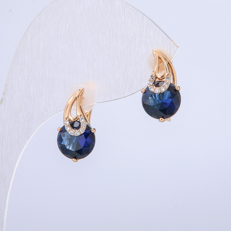 Xuping Earrings, 18K Gold Plated with White Rhinestones and Blue Crystal, 15x8mm Diameter +