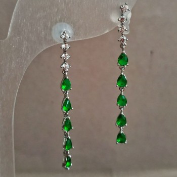 Xuping Earrings, Stud Earrings, Rhodium with White Rhinestones and Green Crystals, length 42mm+