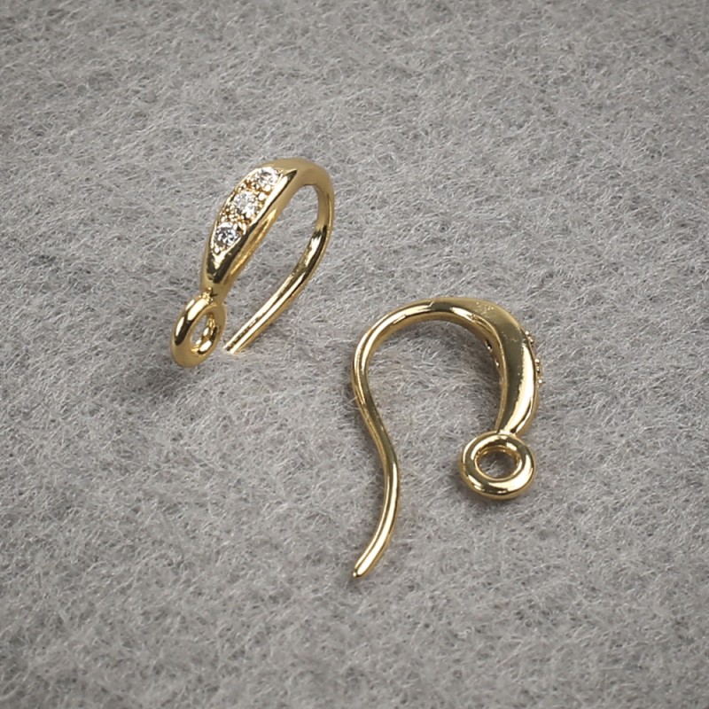 Earring Hooks with White Rhinestones, Yellow Metal 14x2.5mm, Pair