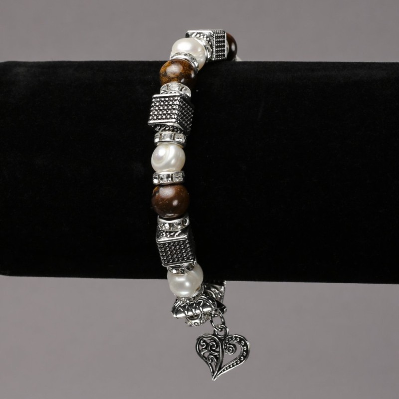 Bracelet on Elastic Band with River Pearls and Tiger's Eye, Silver-Tone Inserts, Rhinestones and Charms, diameter 8mm+/-, length 18cm+
