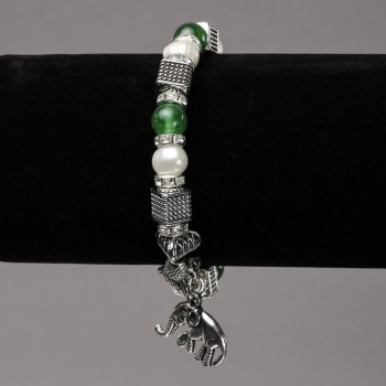 Bracelet on Elastic Band with River Pearls and Chrysoprase, Silver-Tone Inserts, Rhinestones and Charms, diameter 8mm+/-, length 18cm+