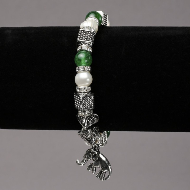 Bracelet on Elastic Band with River Pearls and Chrysoprase, Silver-Tone Inserts, Rhinestones and Charms, diameter 8mm+/-, length 18cm+