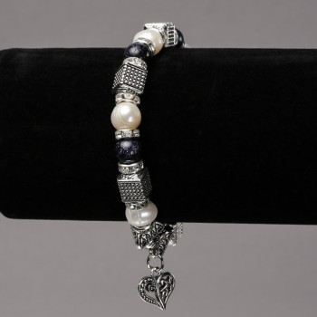 Bracelet on Elastic Band with River Pearls and Blue Sand Aventurine, Silver-Tone Inserts, Rhinestones and Charms, diameter 8mm+/-, length