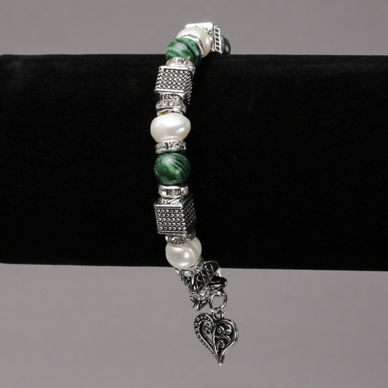 Bracelet on Elastic Band with River Pearls and Malachite, Silver-Tone Inserts, Rhinestones and Charms, diameter 8mm+/-, length 18cm+