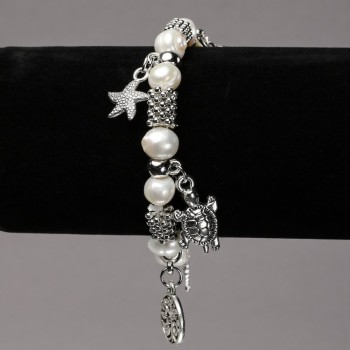 Bracelet on Elastic Band with River Pearls, Silver-Tone Inserts and Charms, diameter 8-10mm+/-, length 18cm+