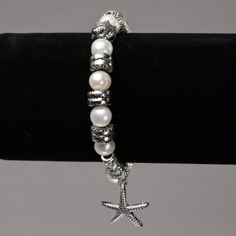 Bracelet on Elastic Band with River Pearls, Silver-Tone Inserts and Charms, diameter 8mm+/-, length 18cm+