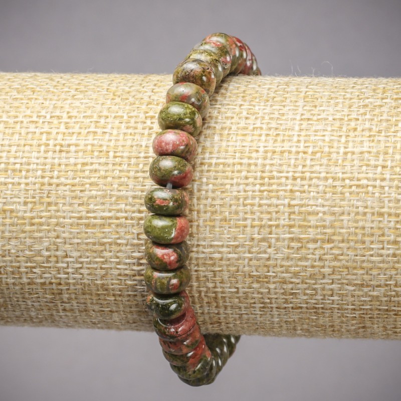 Bracelet on Elastic Cord with Natural Jasper Heliotrope Unakite Stone Smooth Rondelle, Diameter 8x5mm+-, Length 18cm+