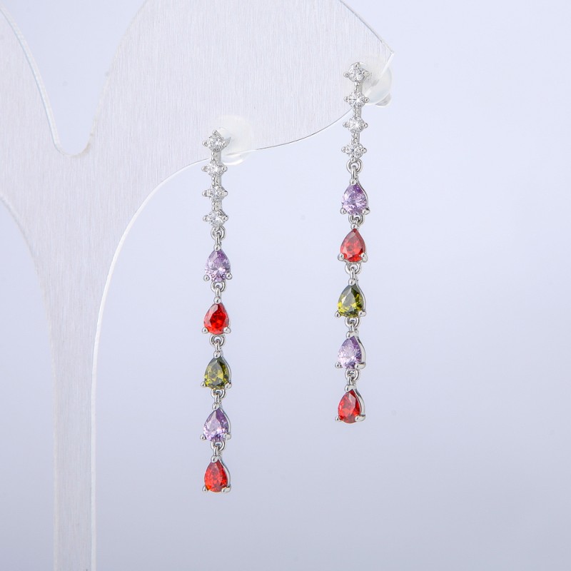 Xuping Stud Earrings, Rhodium Plated with White Rhinestones and Crystals, Length 42mm+