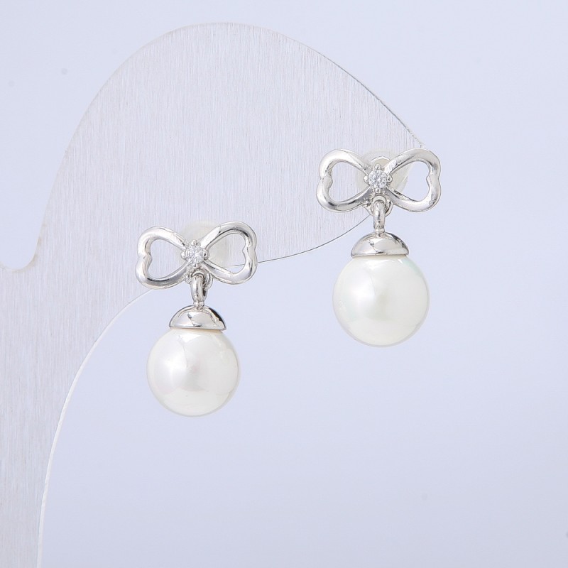 Xuping Stud Earrings, Rhodium Plated with White Bead, Diameter 18x12mm+