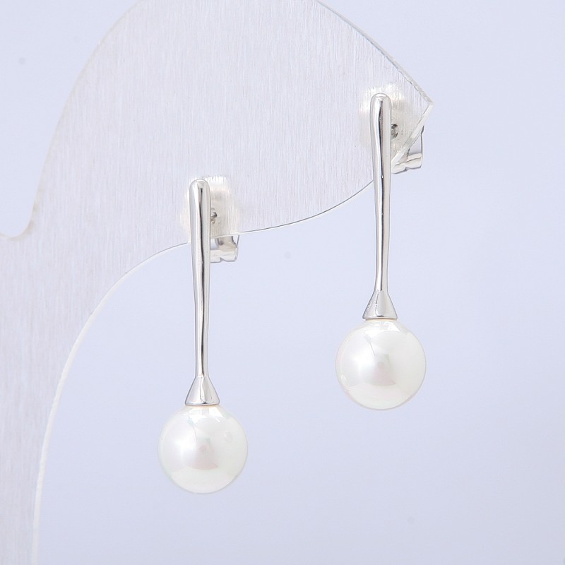 Xuping Stud Earrings, Rhodium Plated with White Bead, Length 28mm+