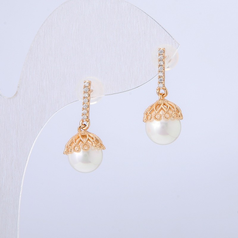 Xuping Earrings, 18K Gold Plated with White Rhinestones and a Bead, length 22mm +