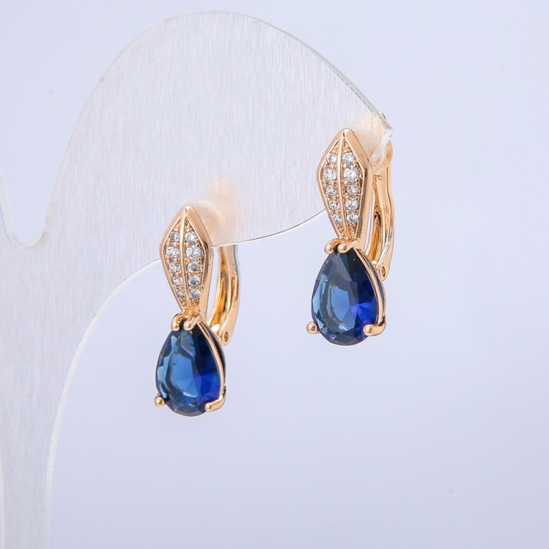 Xuping Earrings, 18K Gold Plated with White Rhinestones and a Dark Blue Crystal, 20x6mm +