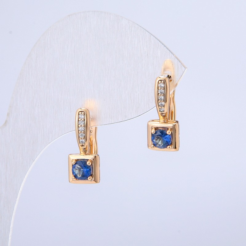 Xuping Earrings, 18K Gold Plated with White Rhinestones and a Blue Crystal, 15x6mm +