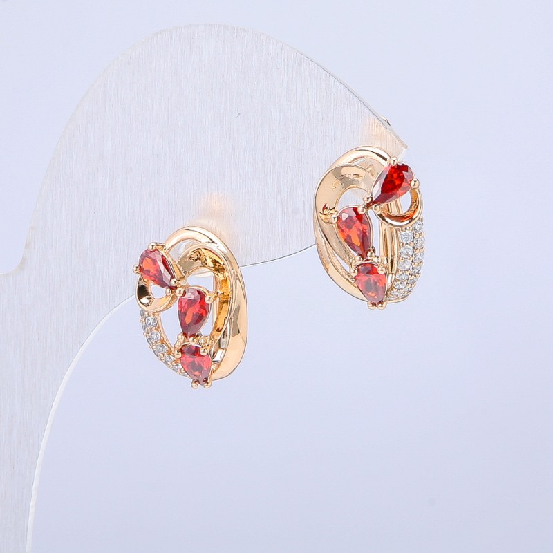 Xuping Earrings 18K Gold Plated with White Rhinestones and Red Crystals, diameter 15x12mm +
