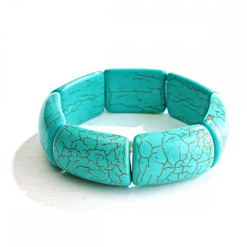 Green Turquoise Bracelet with Veining, Large Rectangular Stones 20x30mm, on Elastic Band