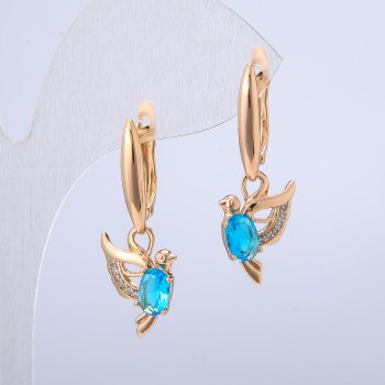 Xuping Bird Earrings 18K Gold Plated with White Rhinestones and Light Blue Crystals, diameter 32x12mm +