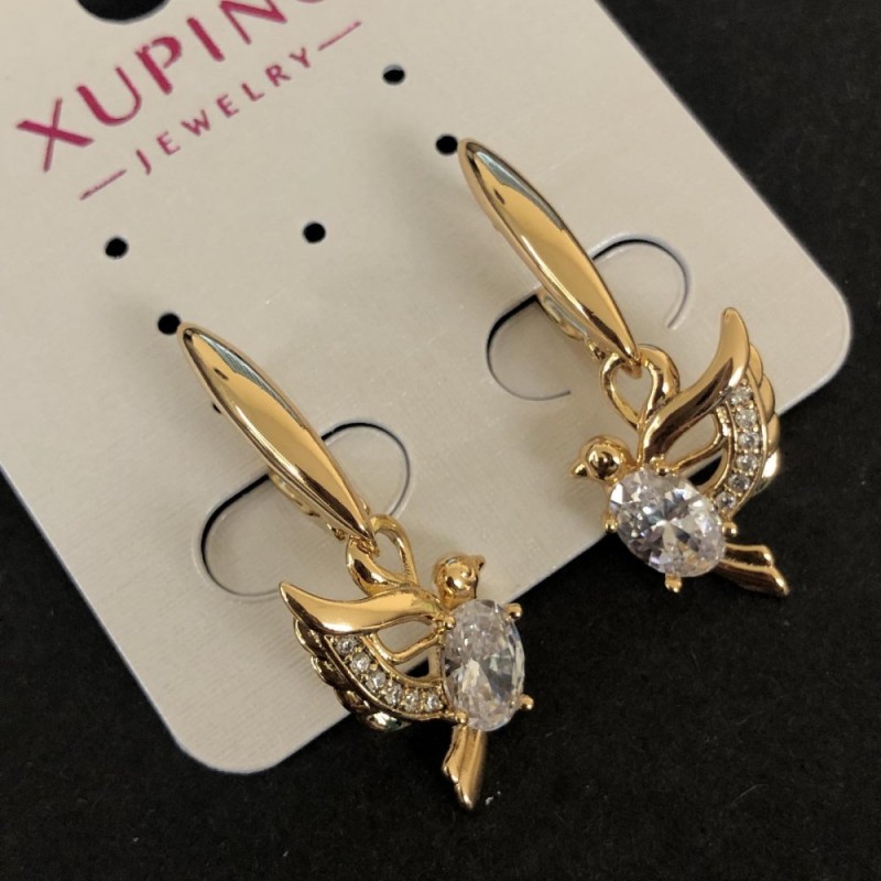 Xuping Bird Earrings 18K Gold Plated with White Rhinestones and Crystals, diameter 32x12mm +