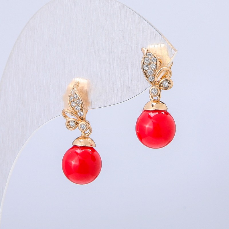 Xuping Stud Earrings 18K Gold Plated with White Rhinestones and Red Bead, diameter 20x8mm +