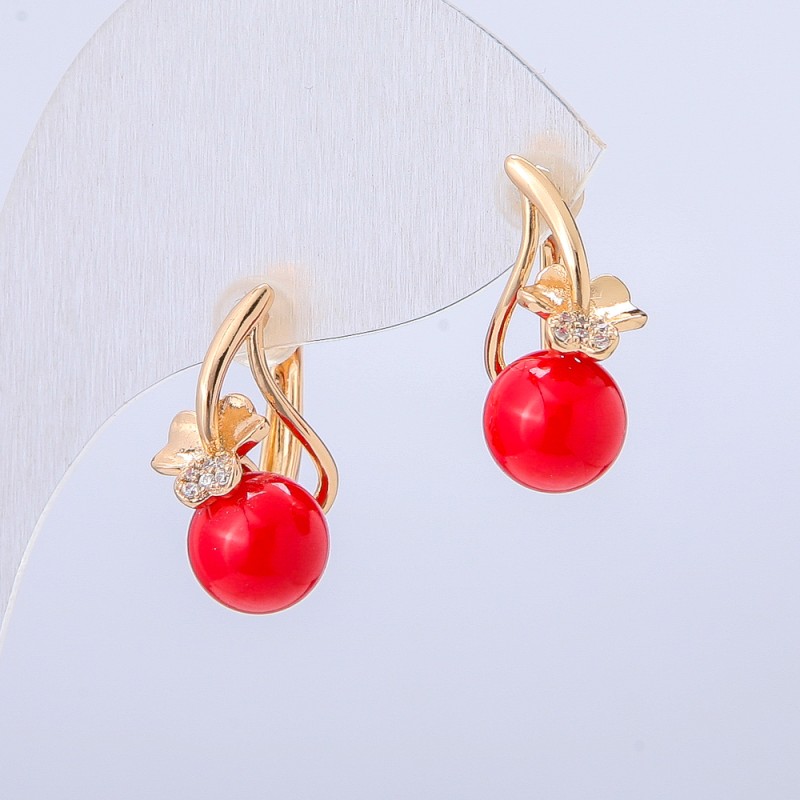 Xuping Earrings 18K Gold Plated with White Rhinestones and Red Bead, diameter 19x8mm +