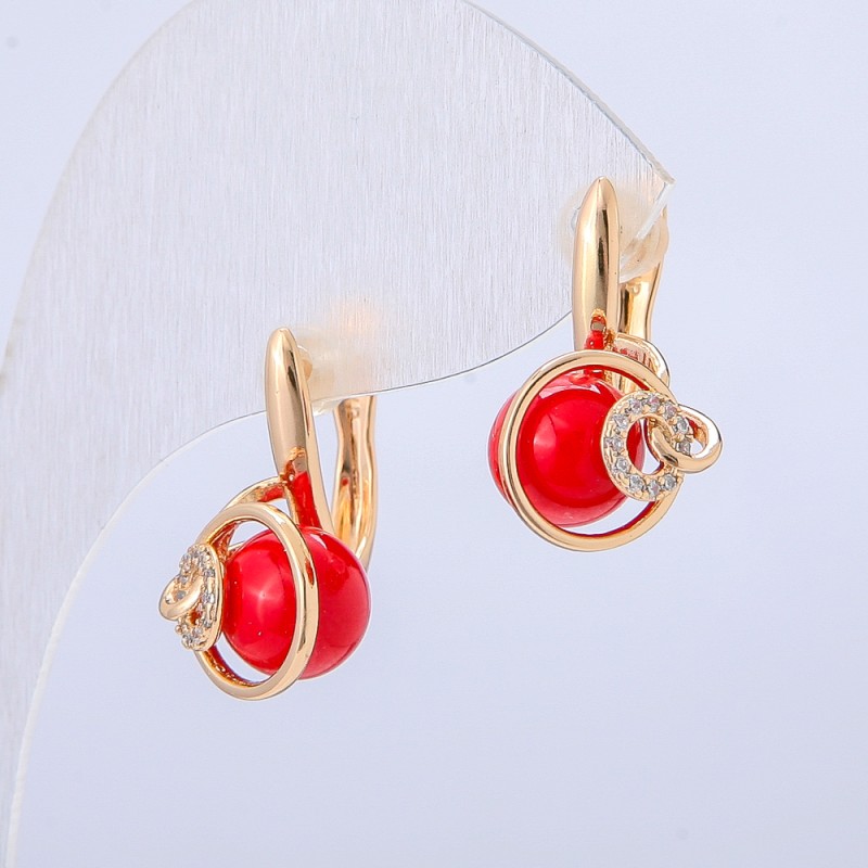 Xuping Earrings 18K Gold Plated with White Rhinestones and Red Bead, diameter 18x10mm +