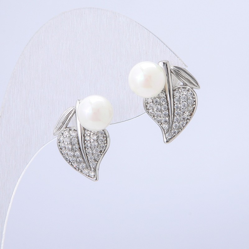 Xuping Rhodium Earrings with White Rhinestones and White Bead, 16x14mm +