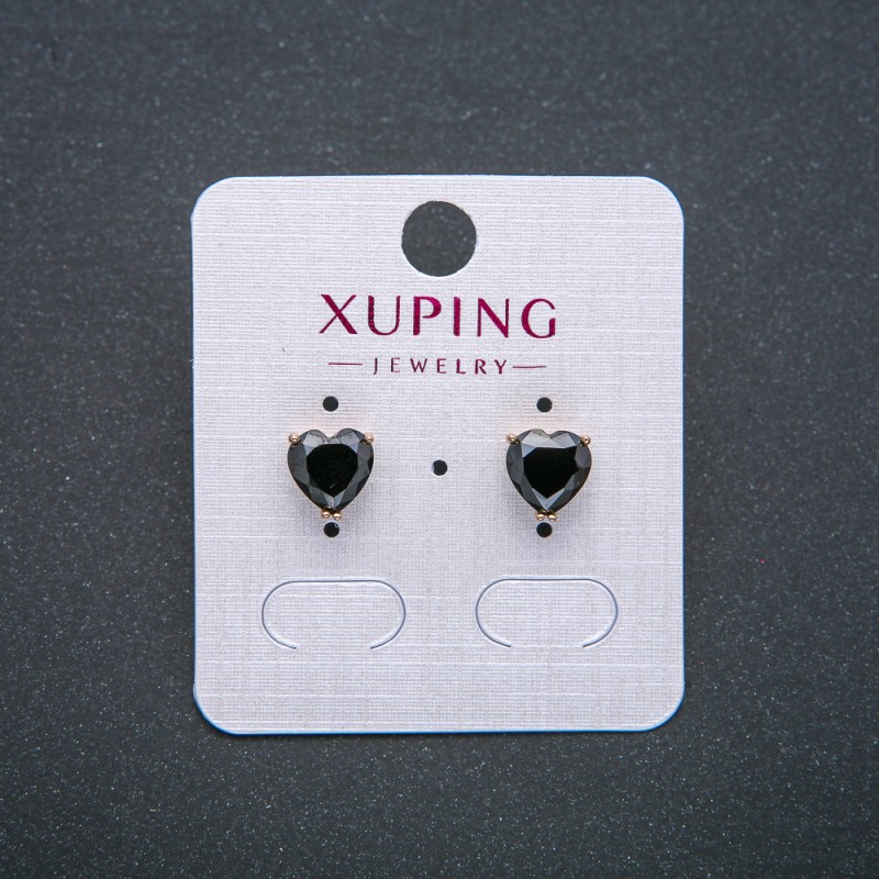 Xuping Heart Stud Earrings, 18K Gold Plated, with Black Crystal, 8mm Diameter +