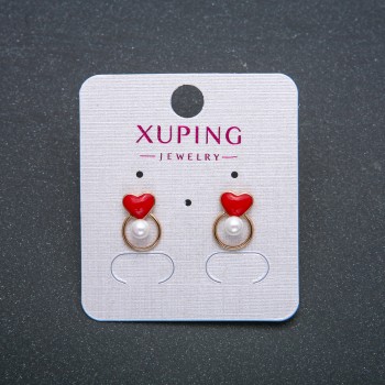 Xuping Heart Earrings, Stud Earrings, 18K Gold Plated with Red Enamel and White Bead, 12x8mm +