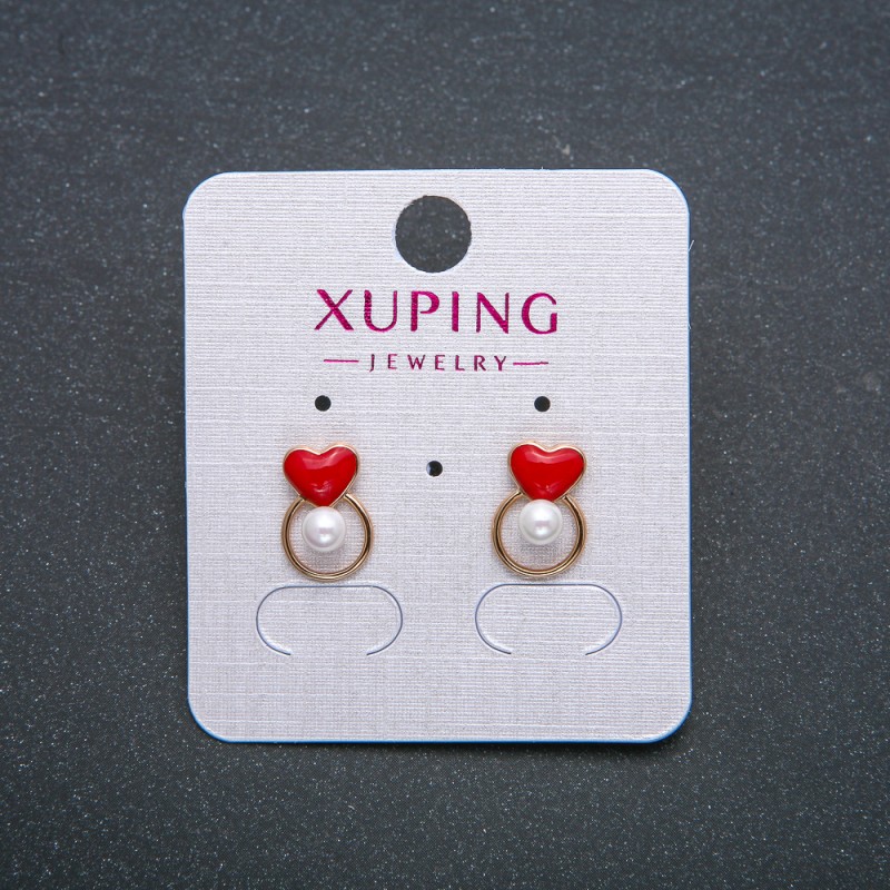 Xuping Heart Earrings, Stud Earrings, 18K Gold Plated with Red Enamel and White Bead, 12x8mm +
