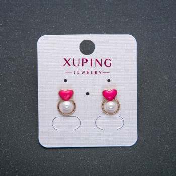 Xuping Heart Earrings, Stud Earrings, 18K Gold Plated with Pink Enamel and White Bead, 12x8mm +