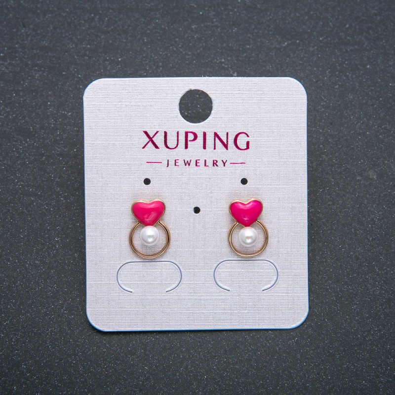Xuping Heart Earrings, Stud Earrings, 18K Gold Plated with Pink Enamel and White Bead, 12x8mm +