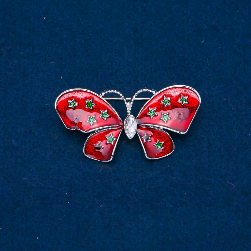 Sale! Butterfly Brooch, Gold-Tone Metal, Enamel and White Rhinestone, 48x24mm +