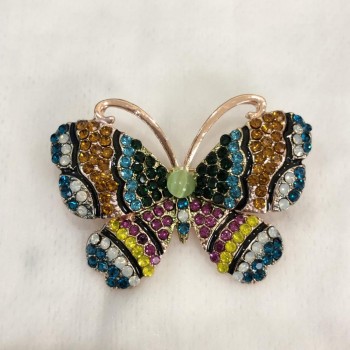 Sale! Butterfly Brooch, Rose Gold-Tone Metal, Multicolor Rhinestones and Green Bead, 46x34mm +