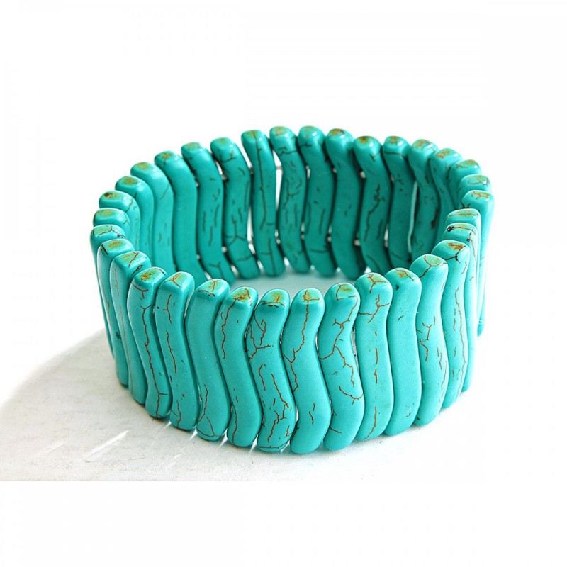 Green Turquoise Bracelet with Veining, Thin Wave, on Elastic Band