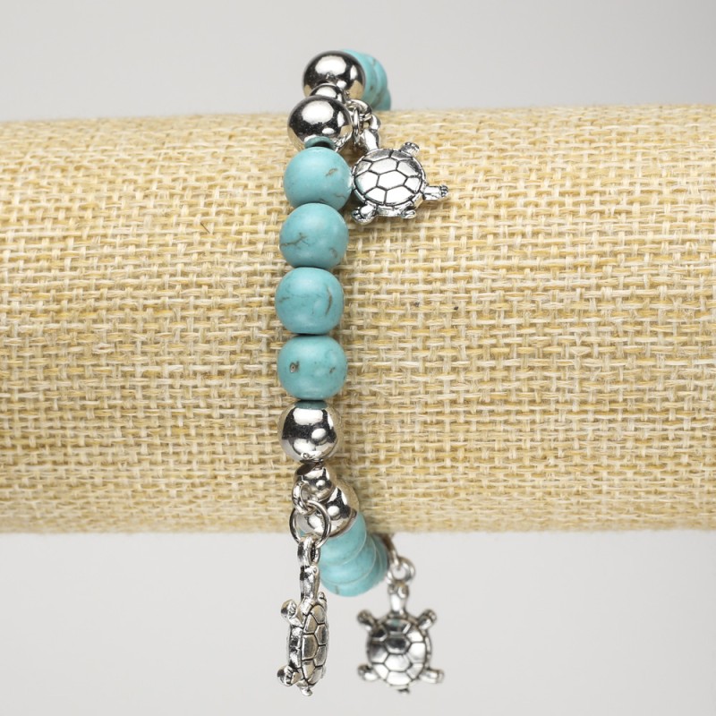 Turquoise (Imitation) Stretch Bracelet, diameter 8mm+/- with Silver-Tone Accents and Turtle Charms, length 18cm+