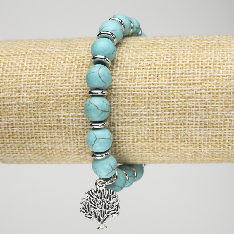 Turquoise (Imitation) Stretch Bracelet, diameter 10mm+/- with Silver-Tone Accents and Pendant, length 18cm+