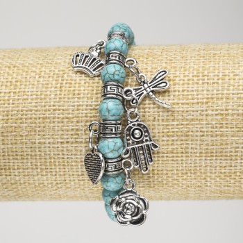 Bracelet Turquoise (single) on elastic cord, diameter 8 mm ± with silver-tone inserts and pendants, length 18 cm+