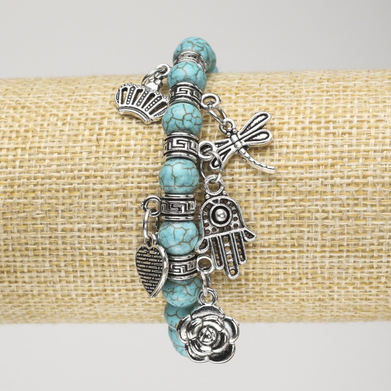 Turquoise Bracelet (Imitation) on Elastic Cord, Diameter 8mm+/- with Silver-Tone Inserts and Charms, Length 18cm+